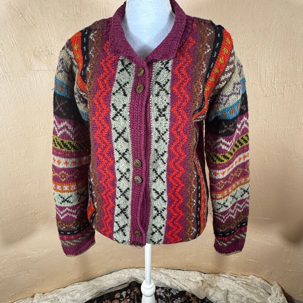 Bolder World 100% Wool Hand-Knit Fair Isle Cardigan | Multicolor Southwestern Pr